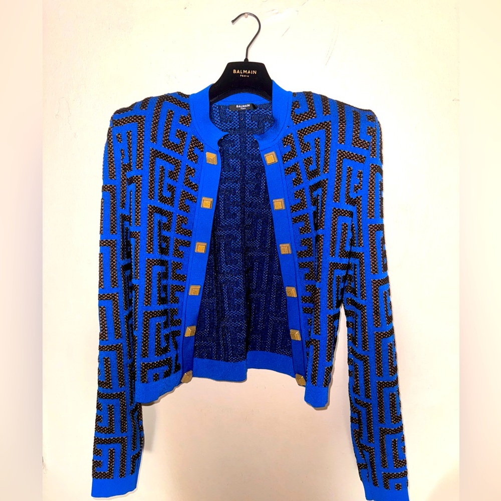 Balmain Blue and Black Geometric Knit Cropped Jacket